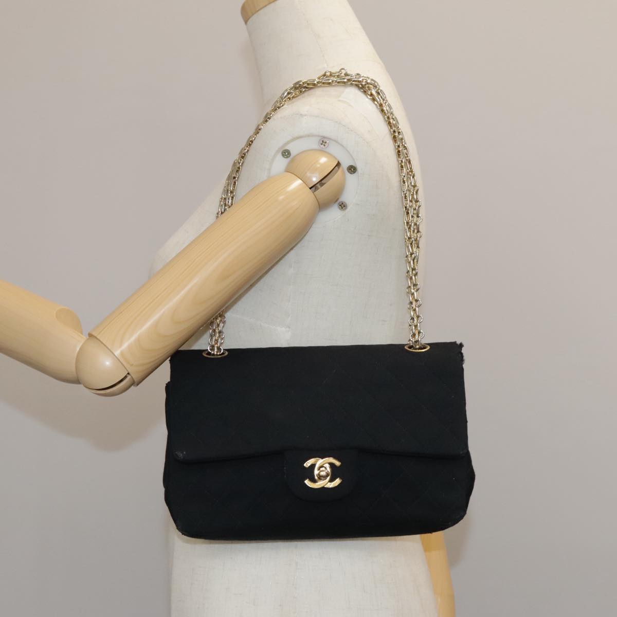 CHANEL Matelasse Chain Shoulder Bag Cotton Black Gold CC 105964