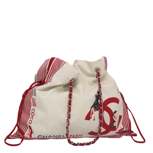 CHANEL Chain Tote Bag Nylon White Red CC 106203
