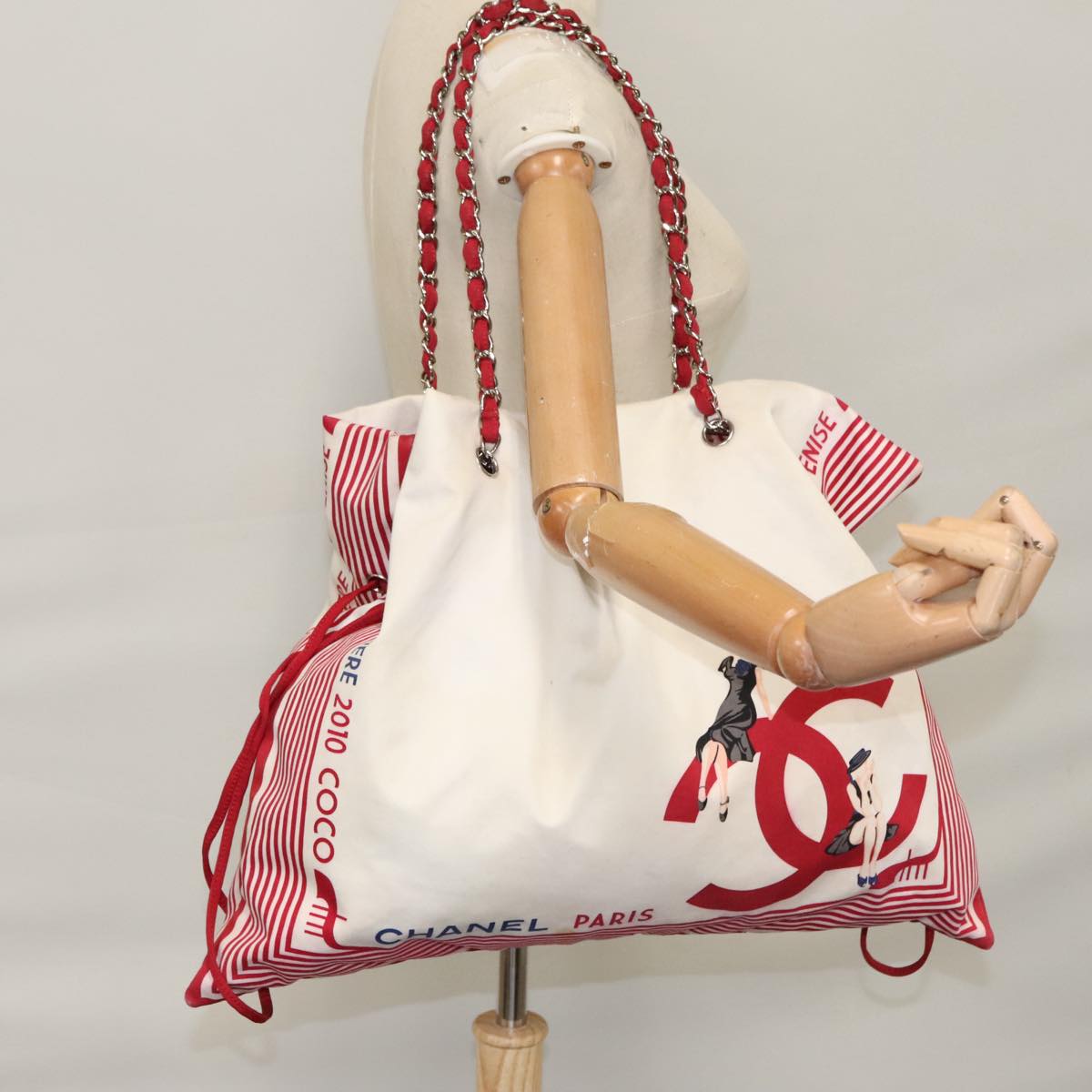 CHANEL Chain Tote Bag Nylon White Red CC 106203