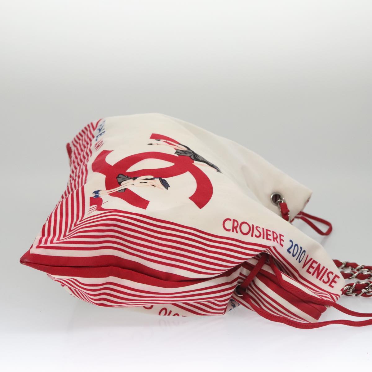 CHANEL Chain Tote Bag Nylon White Red CC 106203