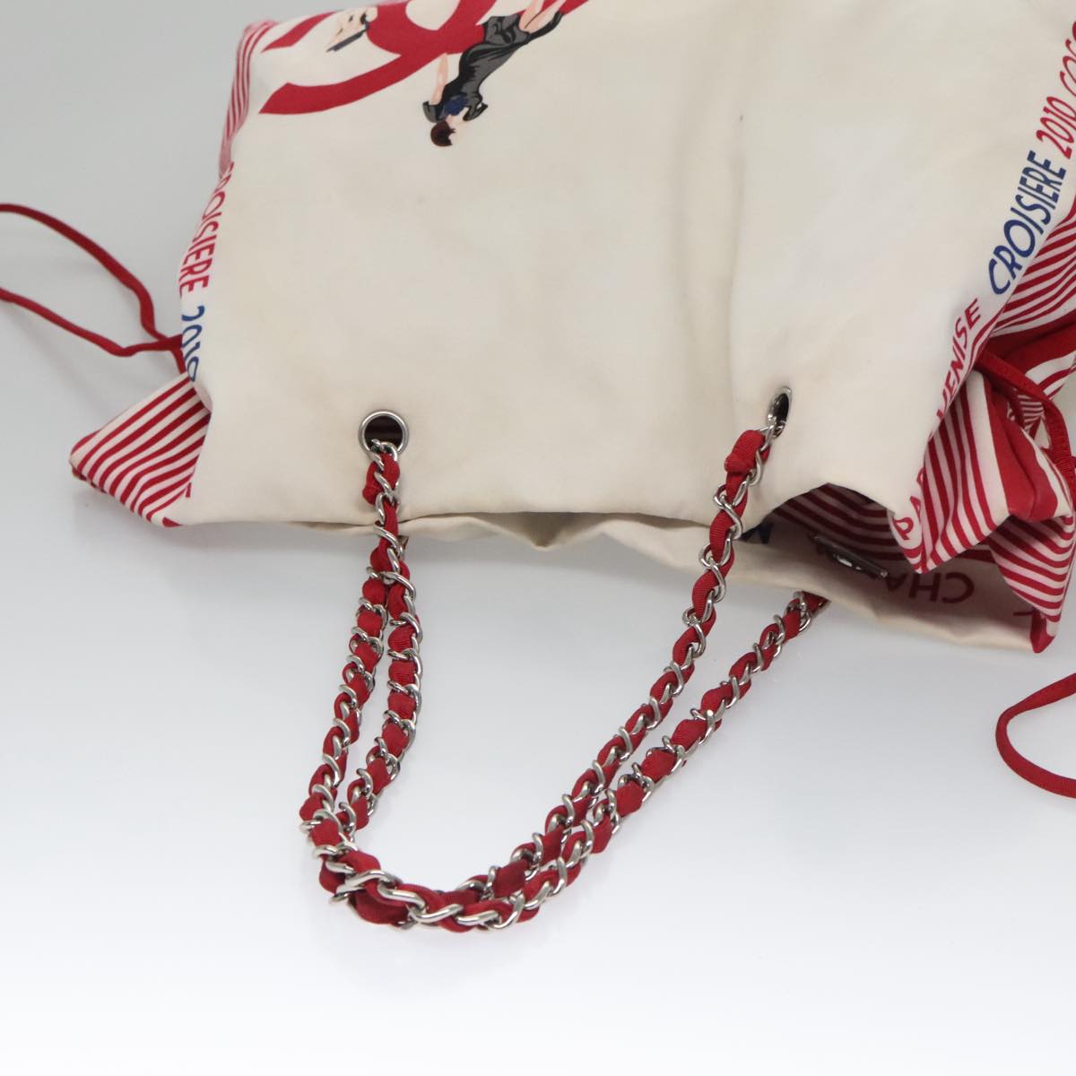 CHANEL Chain Tote Bag Nylon White Red CC 106203