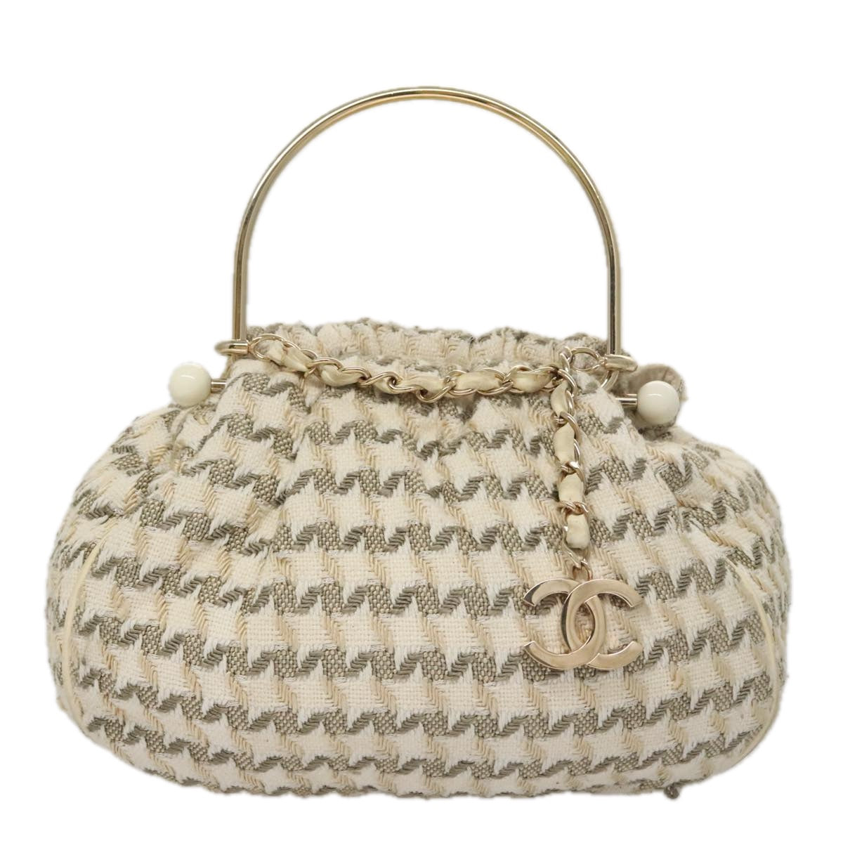 CHANEL Chain Hand Bag tweed Cream CC 106431