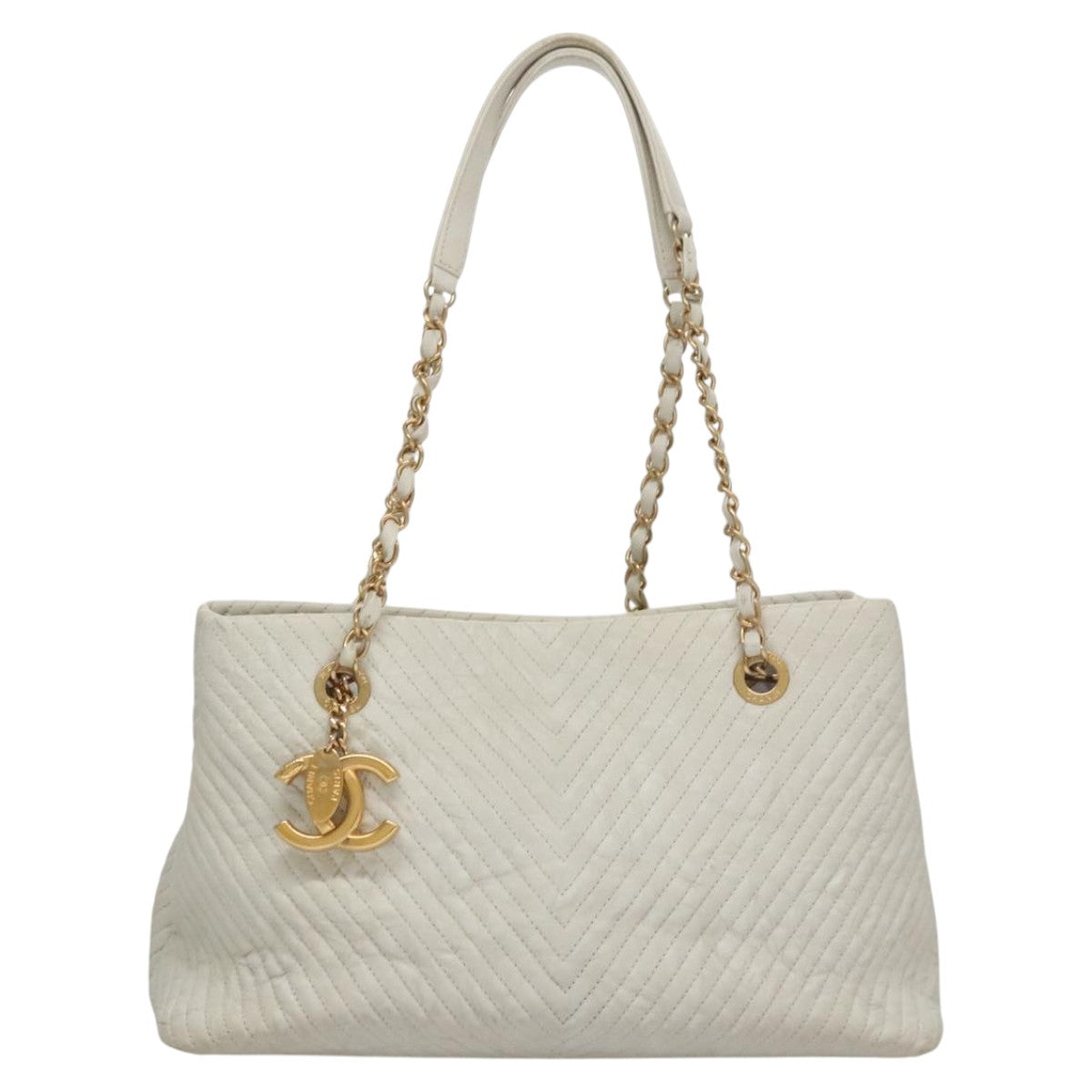 CHANEL Chain V Stitch Shoulder Bag Leather White Gold CC 106441
