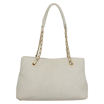CHANEL Chain V Stitch Shoulder Bag Leather White Gold CC 106441
