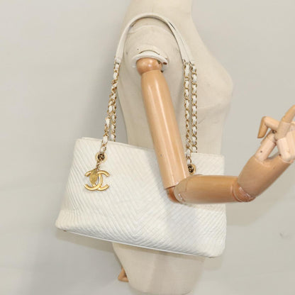 CHANEL Chain V Stitch Shoulder Bag Leather White Gold CC 106441