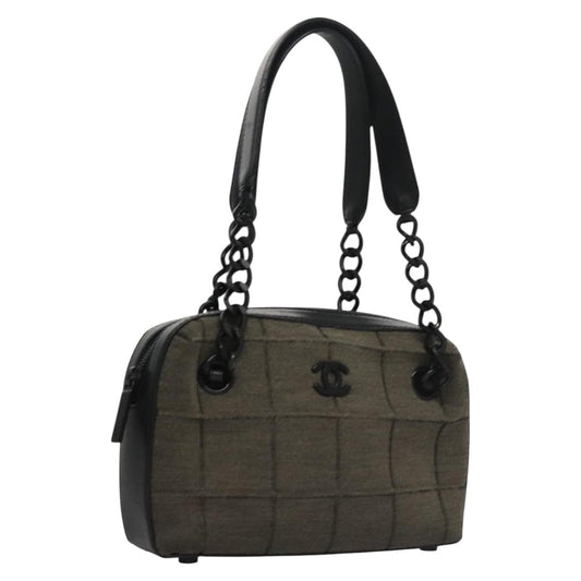 CHANEL Choco Bar Shoulder Bag Cotton Gray CC 106443