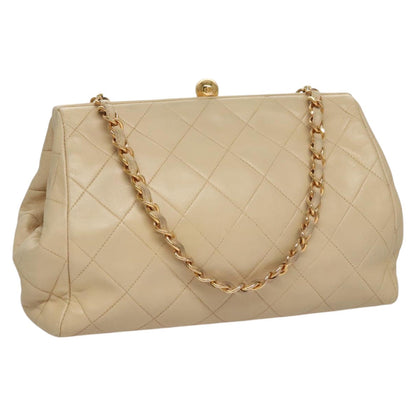 CHANEL Matelasse Chain Hand Bag Lamb Skin Beige Gold CC 106445