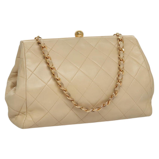 CHANEL Matelasse Chain Hand Bag Lamb Skin Beige Gold CC 106445
