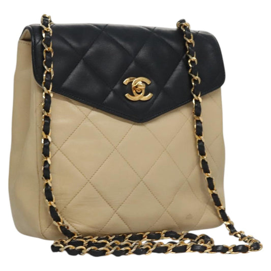 CHANEL Matelasse Chain Shoulder Bag Lamb Skin Beige Gold black CC 106446