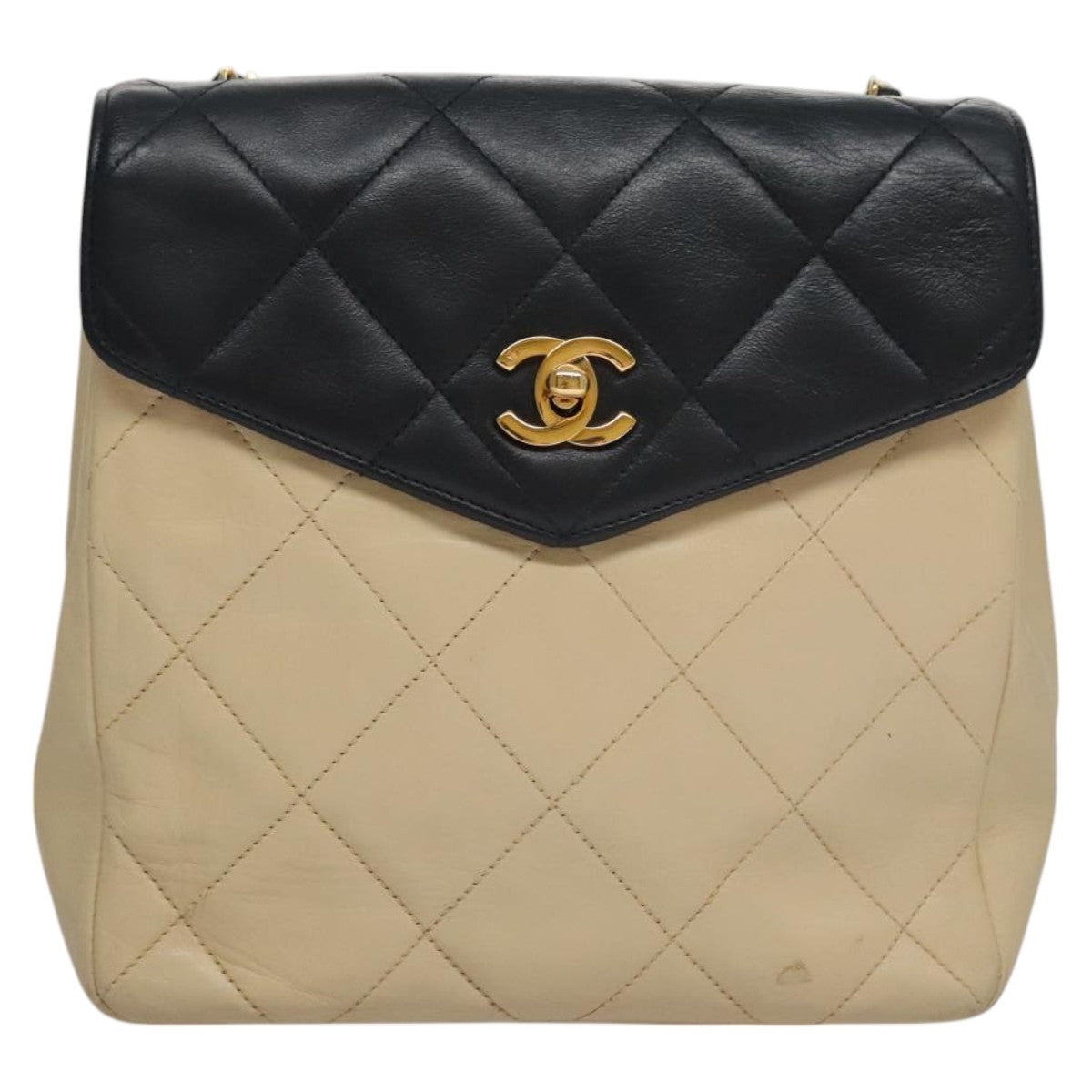 CHANEL Matelasse Chain Shoulder Bag Lamb Skin Beige Gold black CC 106446
