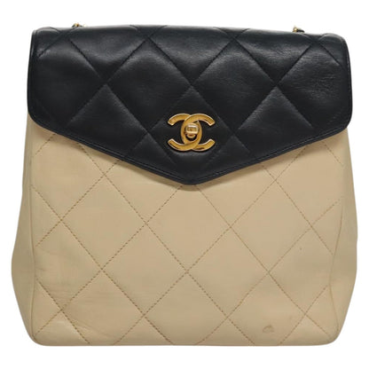 CHANEL Matelasse Chain Shoulder Bag Lamb Skin Beige Gold black CC 106446