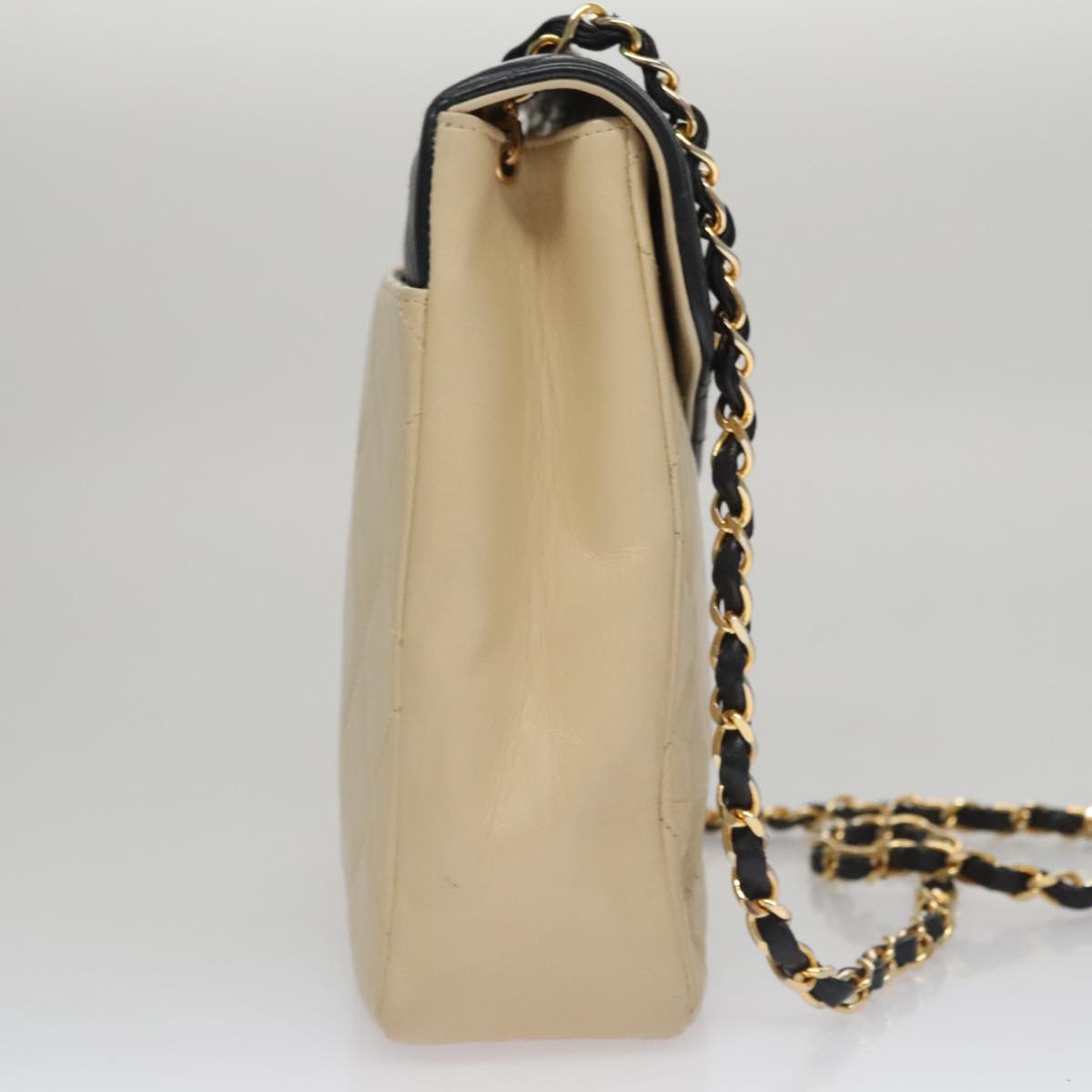 CHANEL Matelasse Chain Shoulder Bag Lamb Skin Beige Gold black CC 106446