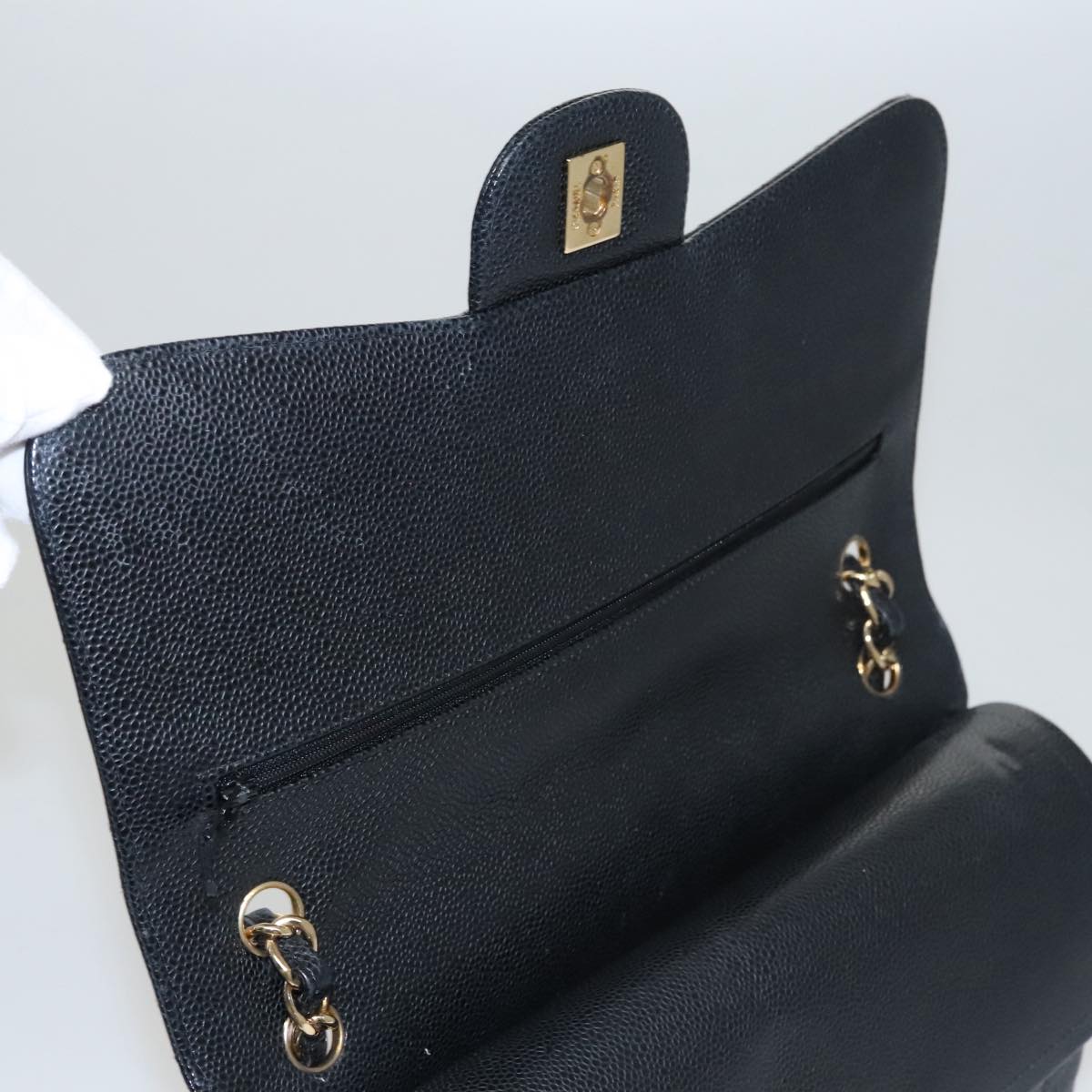 CHANEL Matelasse Chain Shoulder Bag Caviar Skin Black Gold CC 106449SA
