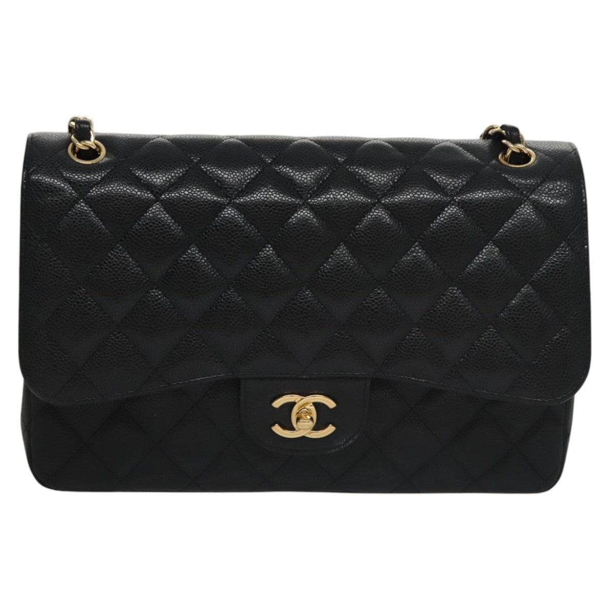 CHANEL Matelasse Chain Shoulder Bag Caviar Skin Black Gold CC 106449SA