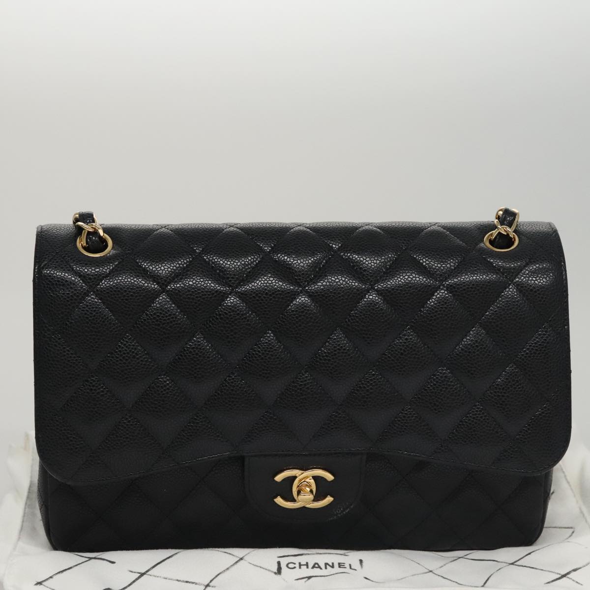 CHANEL Matelasse Chain Shoulder Bag Caviar Skin Black Gold CC 106449SA