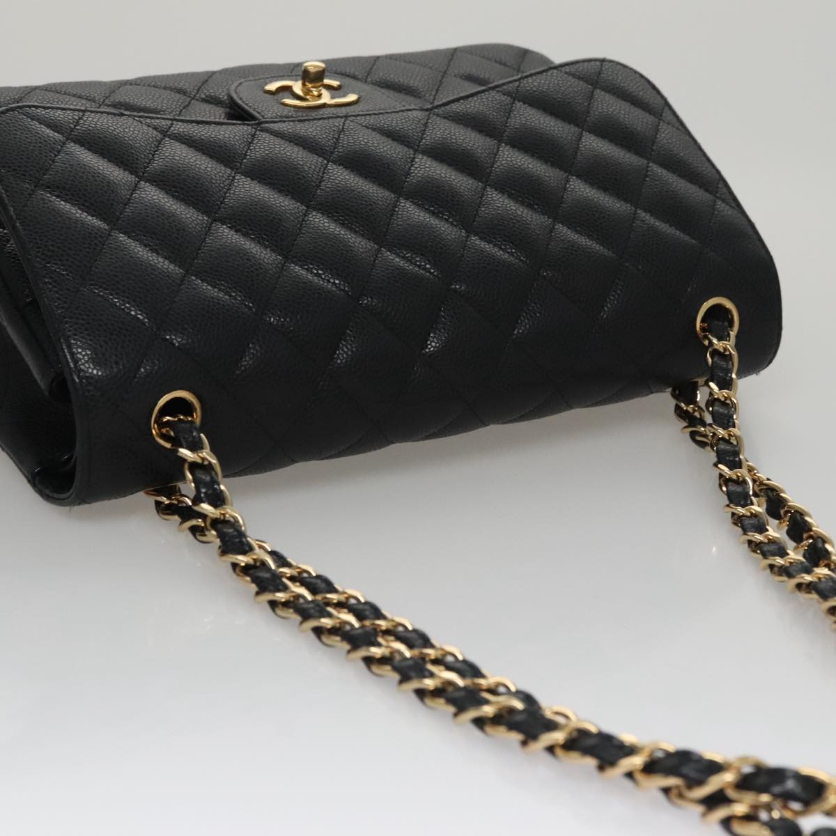 CHANEL Matelasse Chain Shoulder Bag Caviar Skin Black Gold CC 106449SA