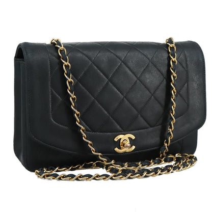 CHANEL Matelasse Chain Diana Shoulder Bag Lamb Skin Black Gold CC 106722