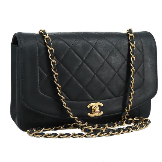 CHANEL Matelasse Chain Diana Shoulder Bag Lamb Skin Black Gold CC 106722