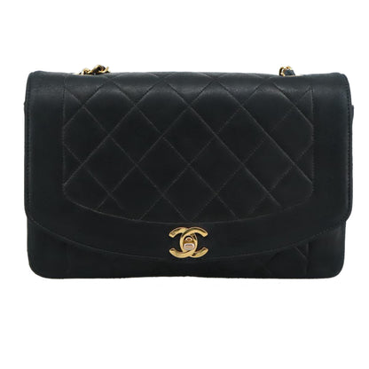 CHANEL Matelasse Chain Diana Shoulder Bag Lamb Skin Black Gold CC 106722