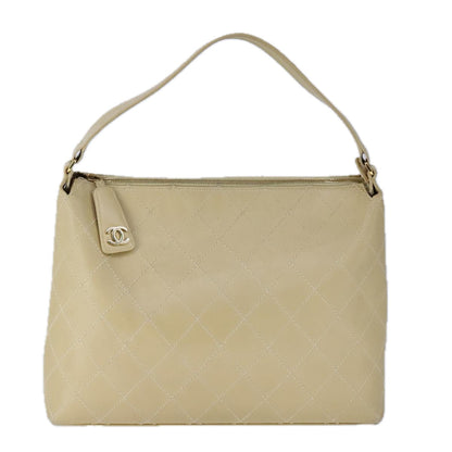 CHANEL Wild Stitch Matelasse Shoulder Bag Leather Beige Gold CC 106837