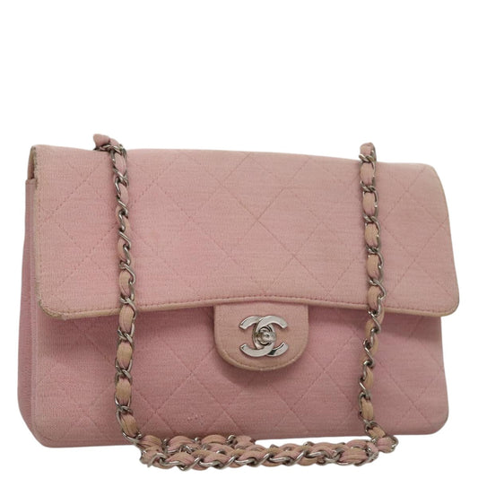 CHANEL Matelasse Chain Shoulder Bag Cotton Pink Silver CC 107505