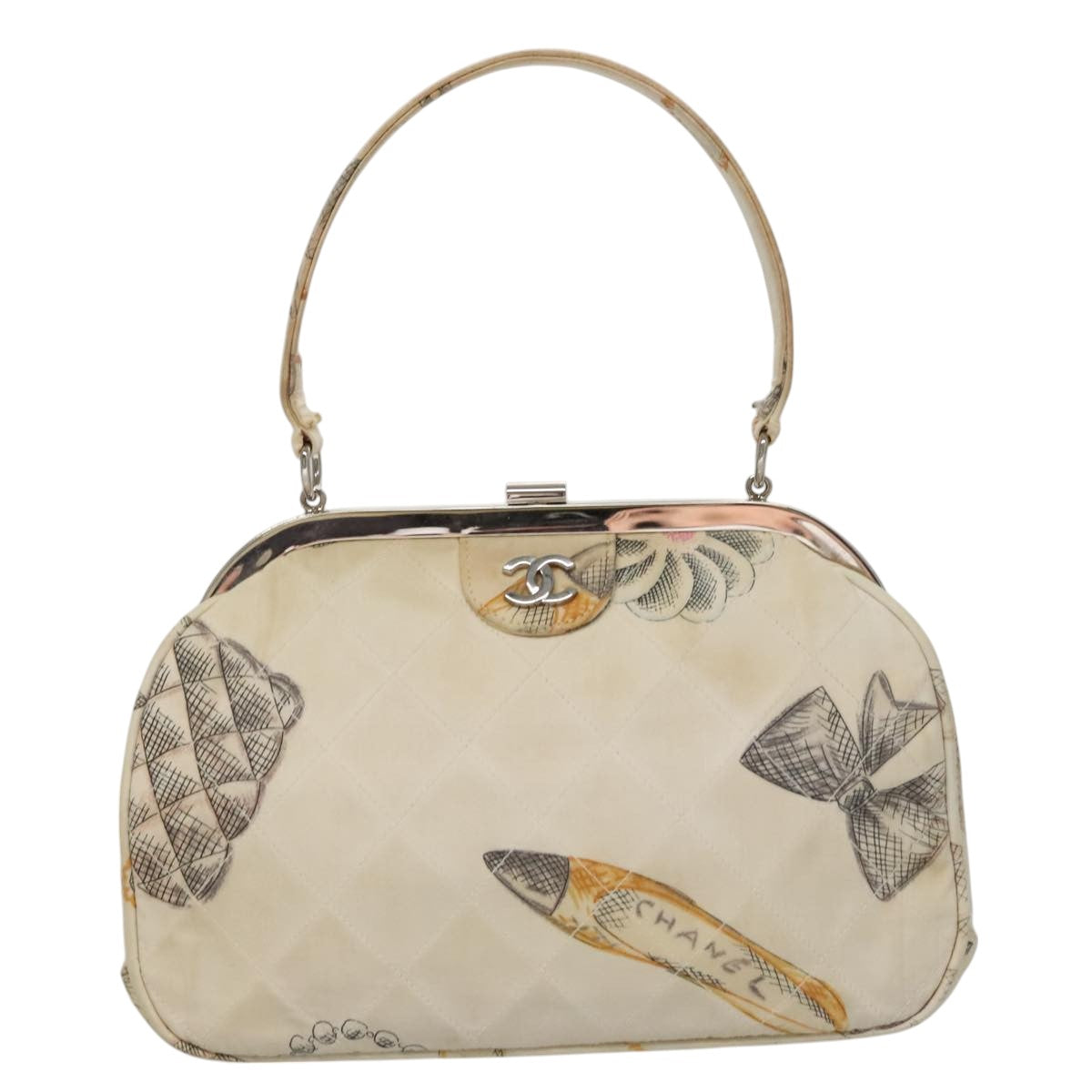 CHANEL Matelasse Hand Bag Canvas White CC 107506