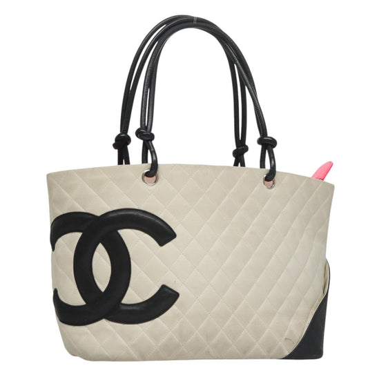 CHANEL Cambon Line Matelasse Tote Bag Lamb Skin White CC 107639