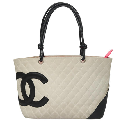 CHANEL Cambon Line Matelasse Tote Bag Lamb Skin White CC 107639