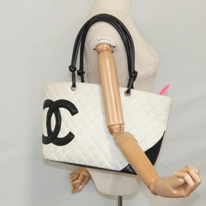 CHANEL Cambon Line Matelasse Tote Bag Lamb Skin White CC 107639