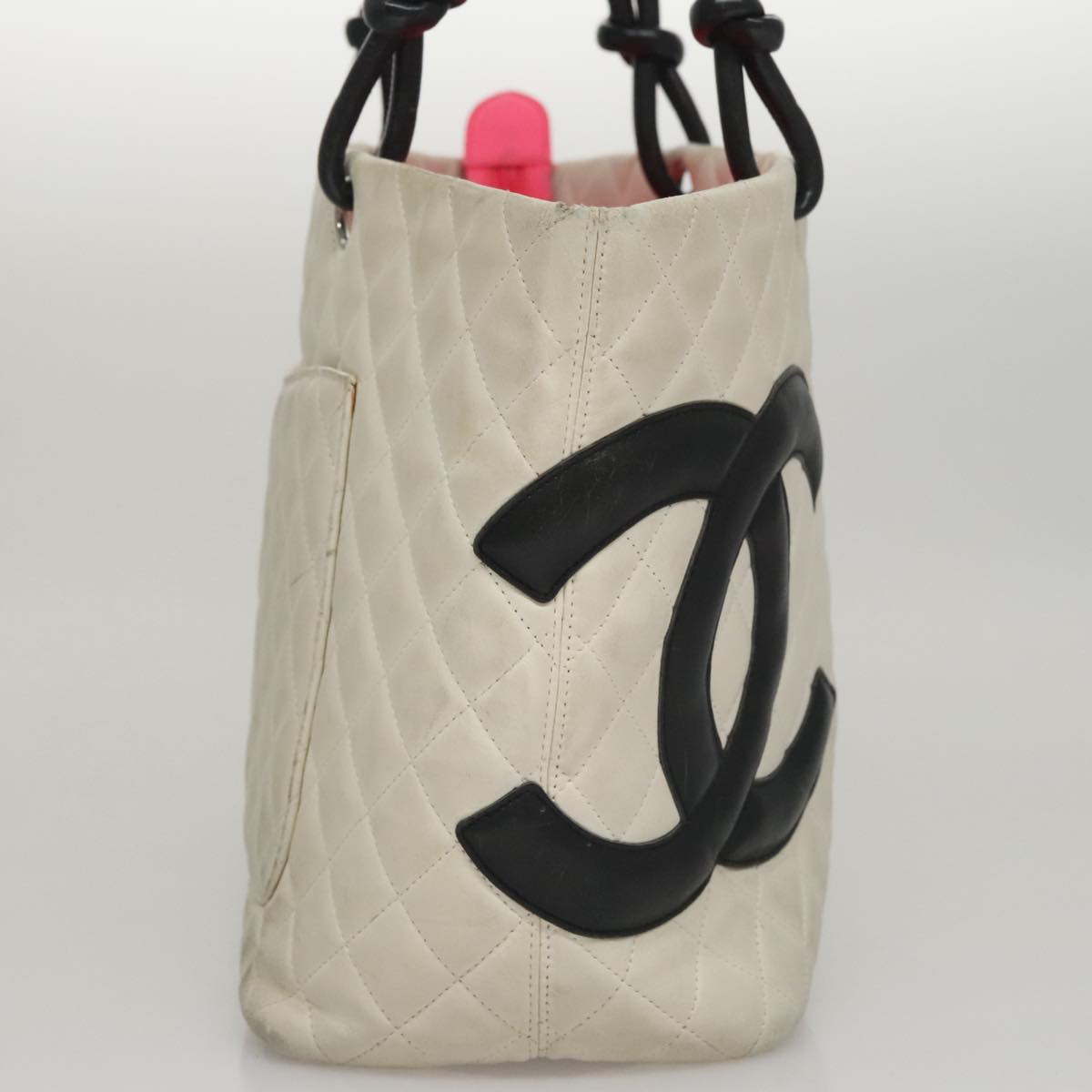 CHANEL Cambon Line Matelasse Tote Bag Lamb Skin White CC 107639