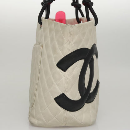 CHANEL Cambon Line Matelasse Tote Bag Lamb Skin White CC 107639