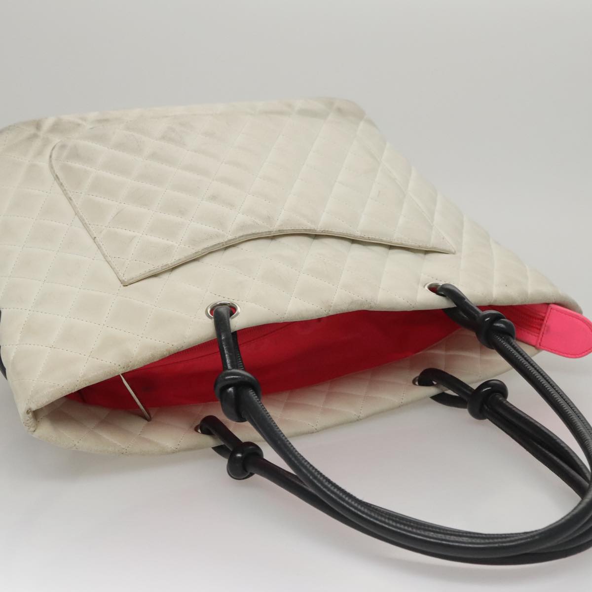 CHANEL Cambon Line Matelasse Tote Bag Lamb Skin White CC 107639
