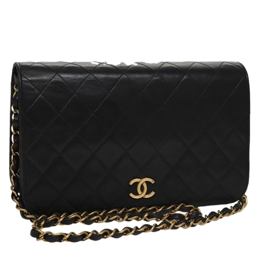 CHANEL Matelasse Chain Shoulder Bag Lamb Skin Black Gold CC 107645