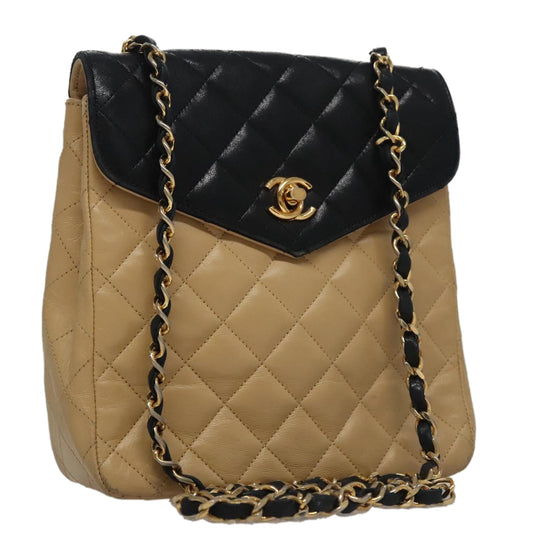 CHANEL Matelasse Chain Shoulder Bag Lamb Skin Beige Gold black CC 107648