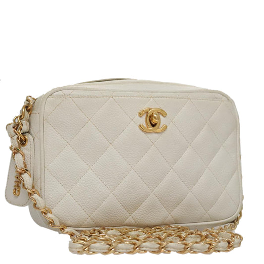 CHANEL Matelasse Chain Shoulder Bag Caviar Skin White Gold CC 107702