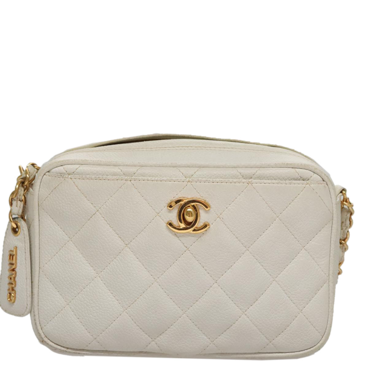 CHANEL Matelasse Chain Shoulder Bag Caviar Skin White Gold CC 107702