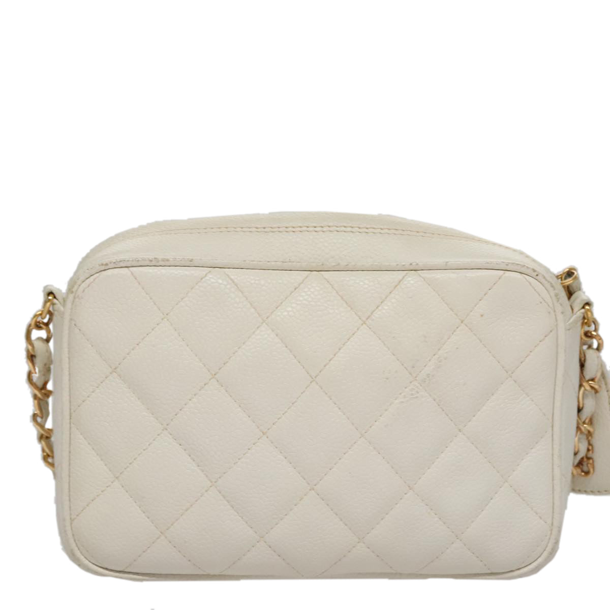 CHANEL Matelasse Chain Shoulder Bag Caviar Skin White Gold CC 107702
