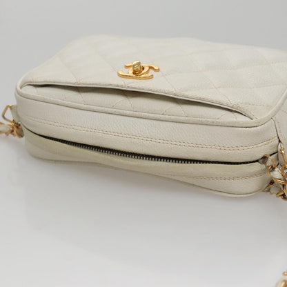 CHANEL Matelasse Chain Shoulder Bag Caviar Skin White Gold CC 107702
