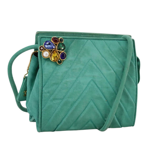 CHANEL V stitch Shoulder Bag Nylon Green Gold CC 107879