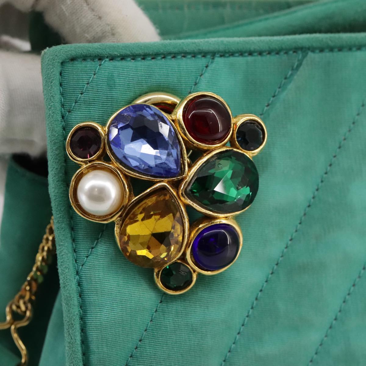 CHANEL V stitch Shoulder Bag Nylon Green Gold CC 107879