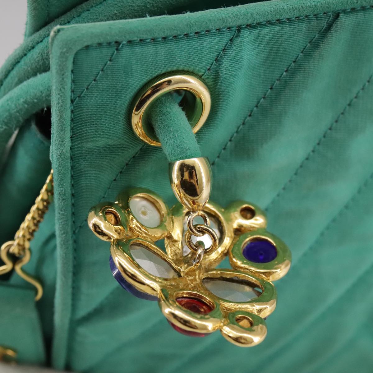 CHANEL V stitch Shoulder Bag Nylon Green Gold CC 107879