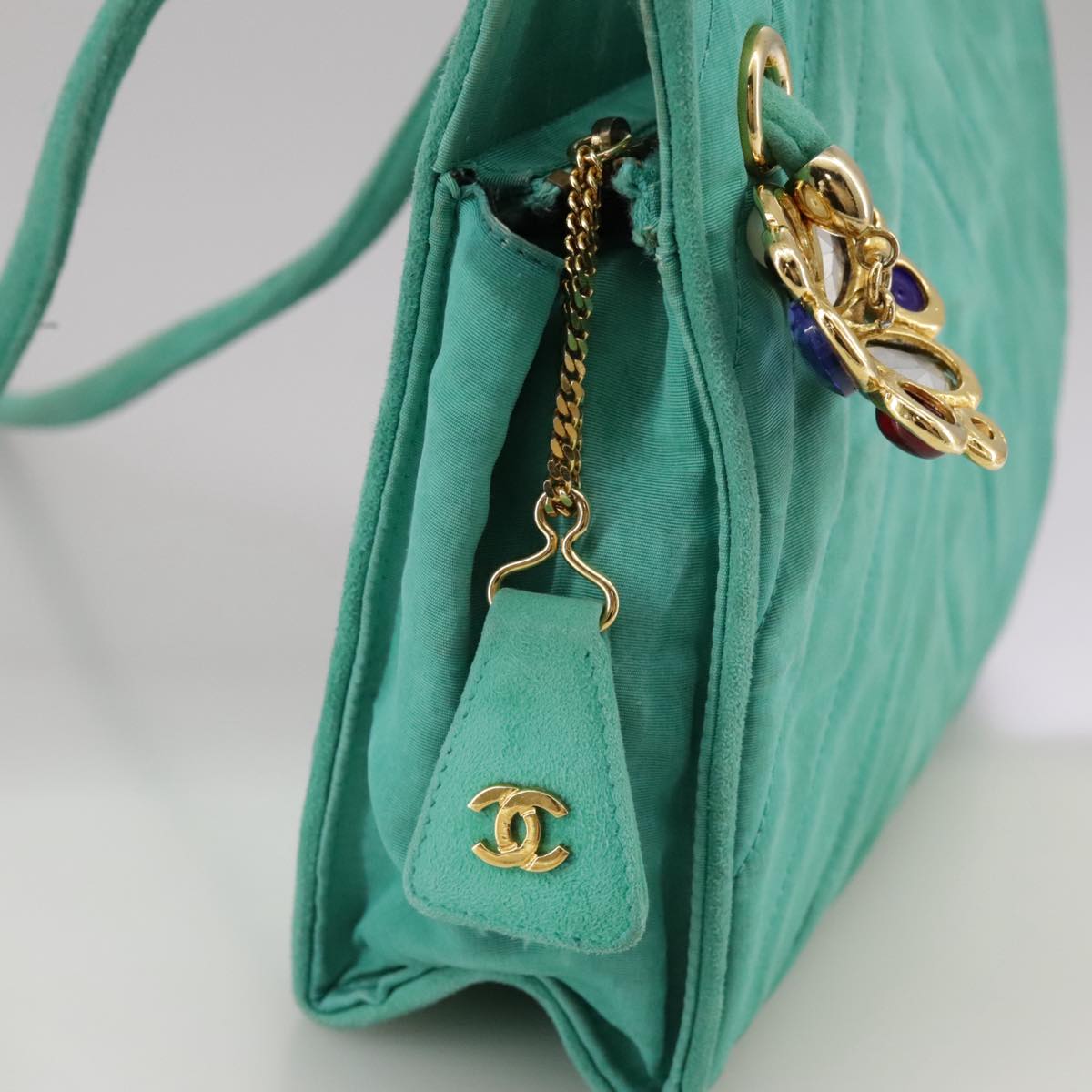 CHANEL V stitch Shoulder Bag Nylon Green Gold CC 107879