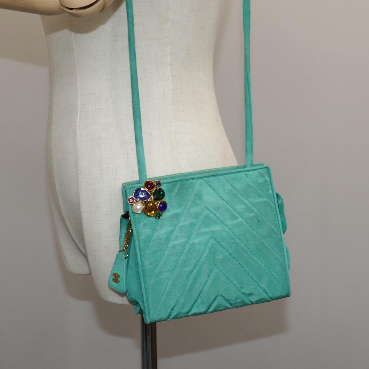 CHANEL V stitch Shoulder Bag Nylon Green Gold CC 107879