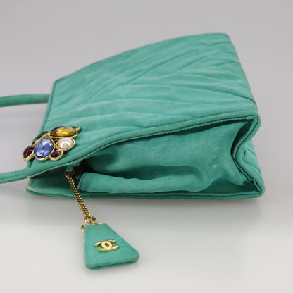 CHANEL V stitch Shoulder Bag Nylon Green Gold CC 107879