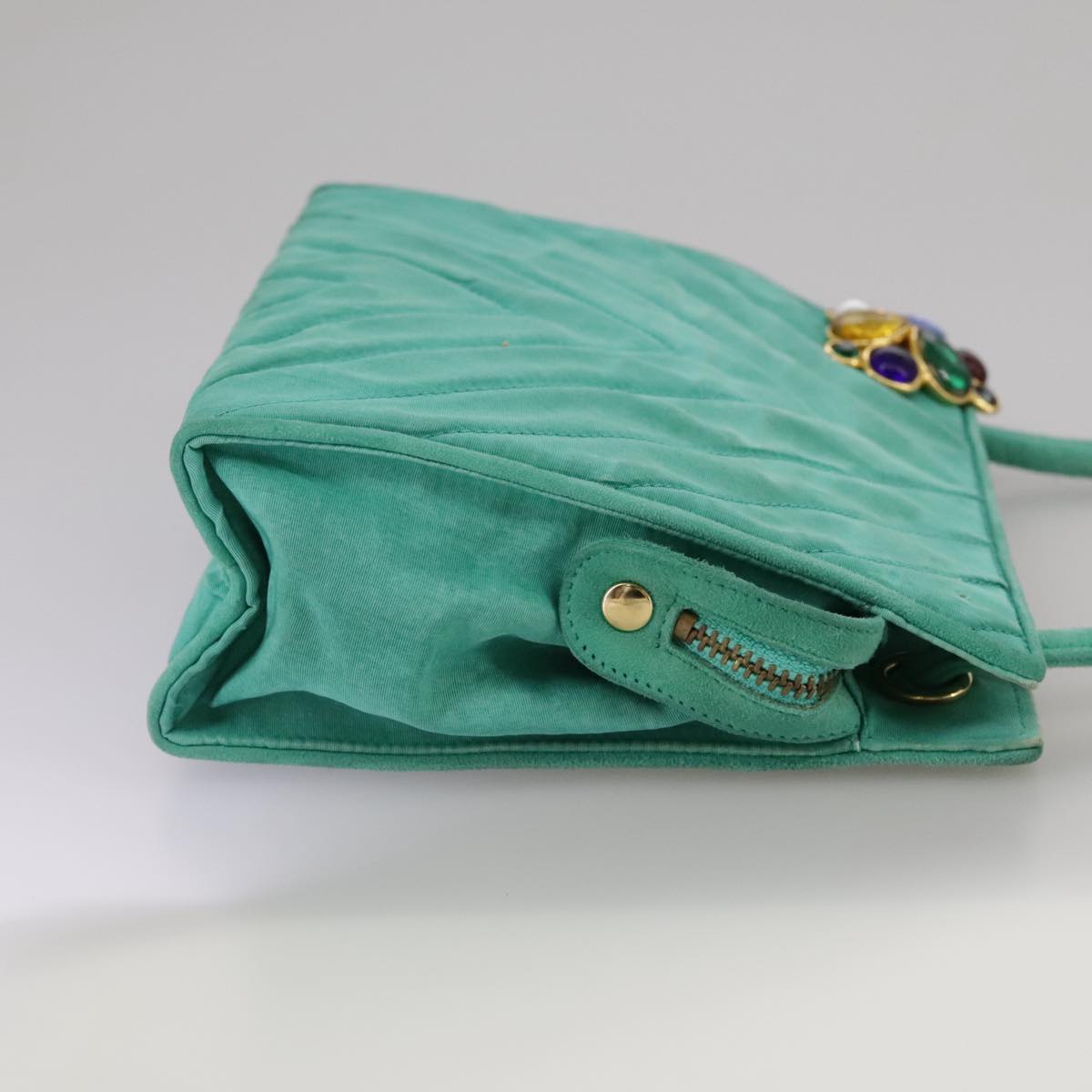 CHANEL V stitch Shoulder Bag Nylon Green Gold CC 107879