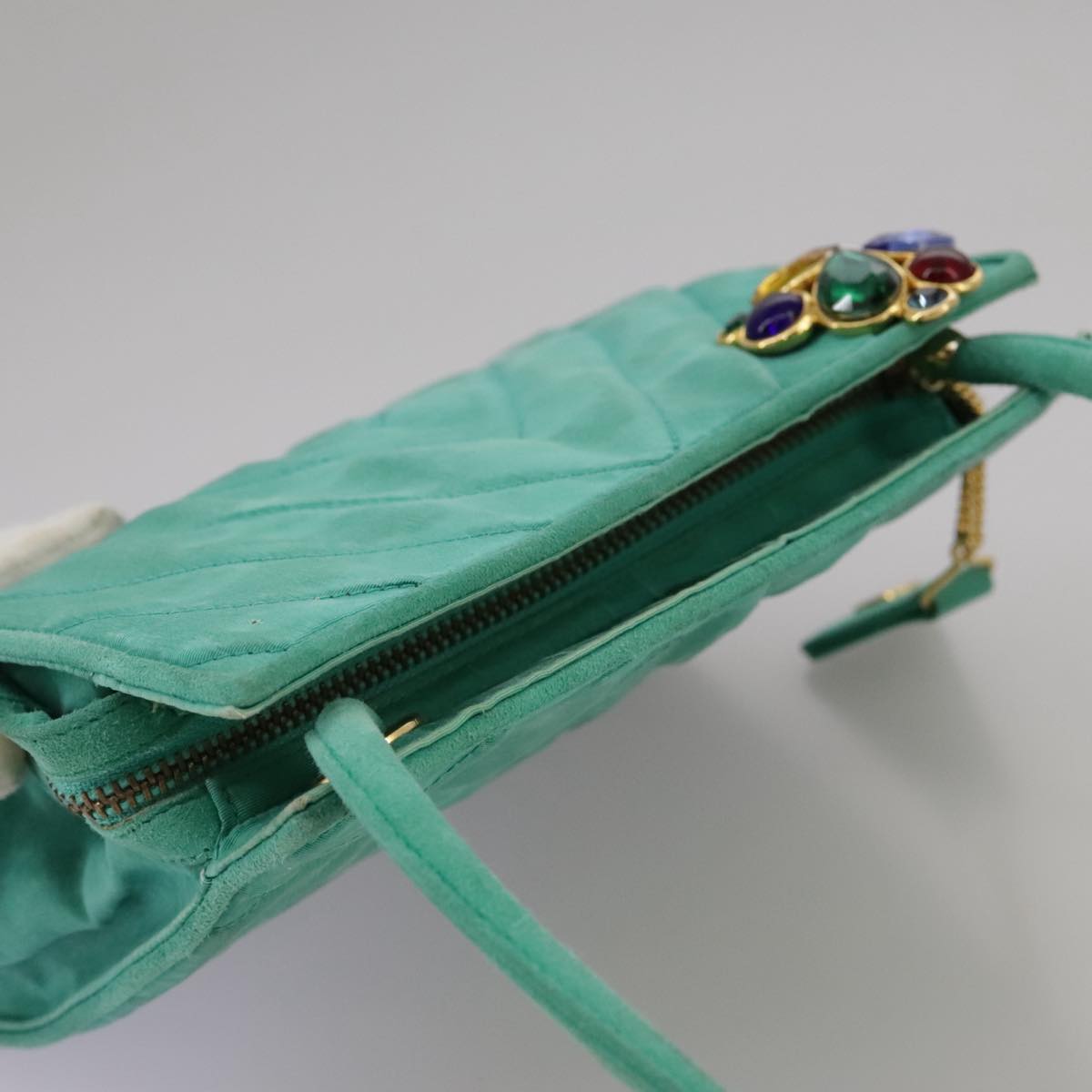 CHANEL V stitch Shoulder Bag Nylon Green Gold CC 107879