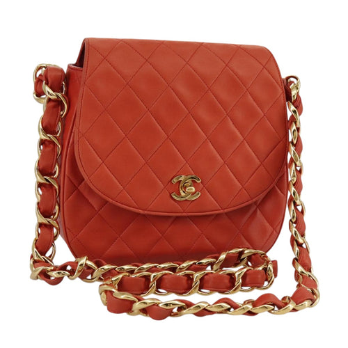 CHANEL Matelasse Chain Shoulder Bag Lamb Skin Orange Gold CC 107881A