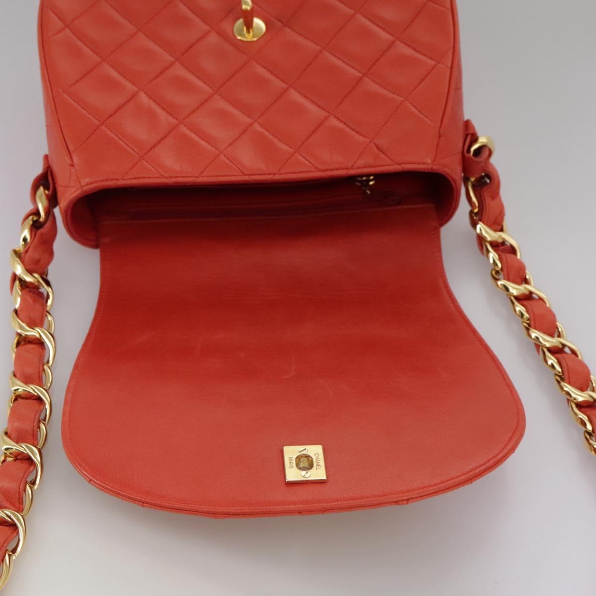 CHANEL Matelasse Chain Shoulder Bag Lamb Skin Orange Gold CC 107881A