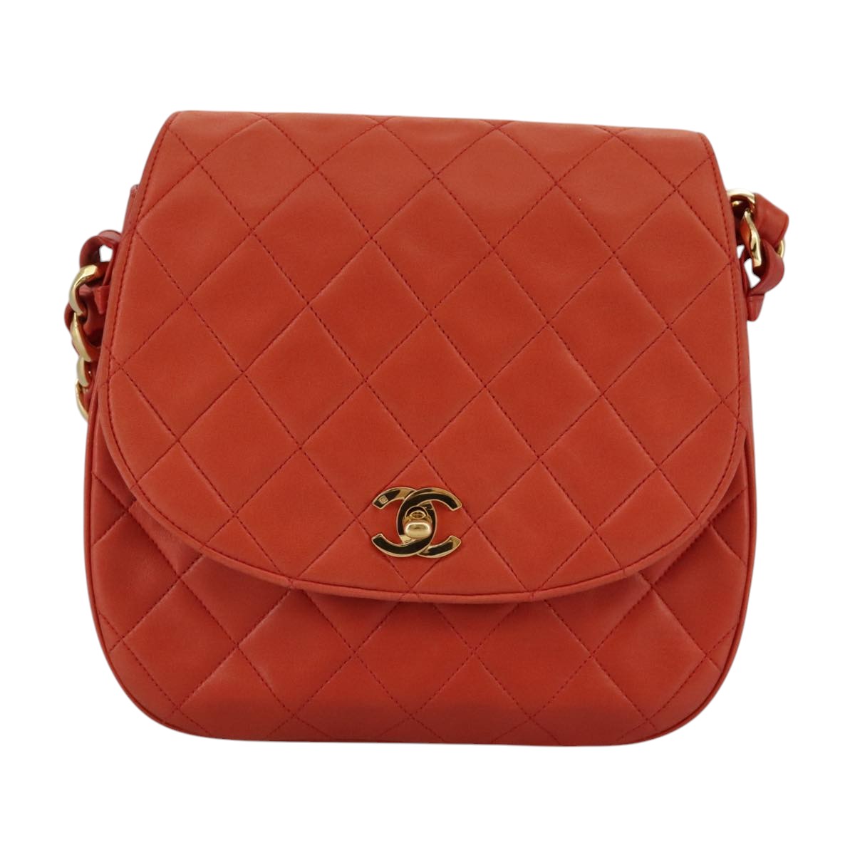 CHANEL Matelasse Chain Shoulder Bag Lamb Skin Orange Gold CC 107881A