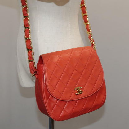 CHANEL Matelasse Chain Shoulder Bag Lamb Skin Orange Gold CC 107881A